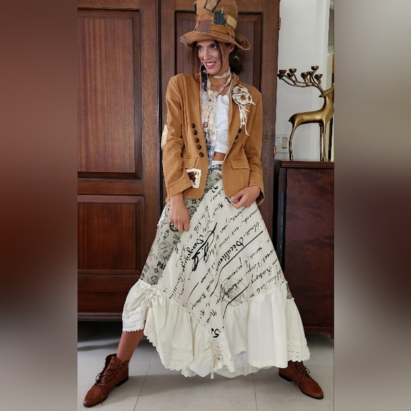 Maxi Skirt Shabby Upcycled Antique Lace Vintage European Cotton Patching - Picture 3 of 16